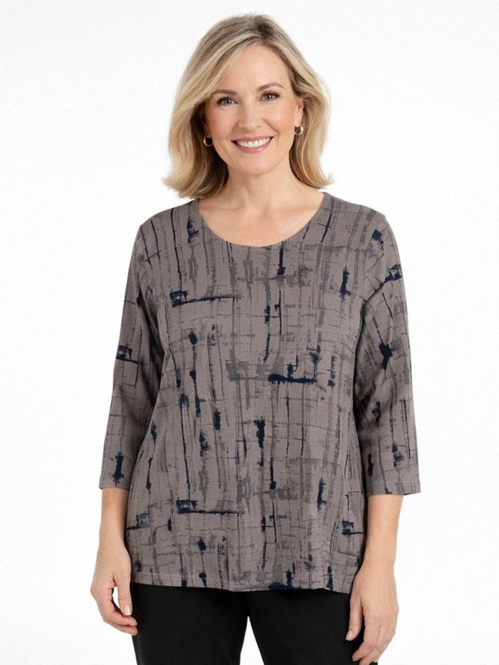 Sympli Abstract Print Top Womens 8 Taupe Blue 3/4 Sleeve Stretch Made Canada